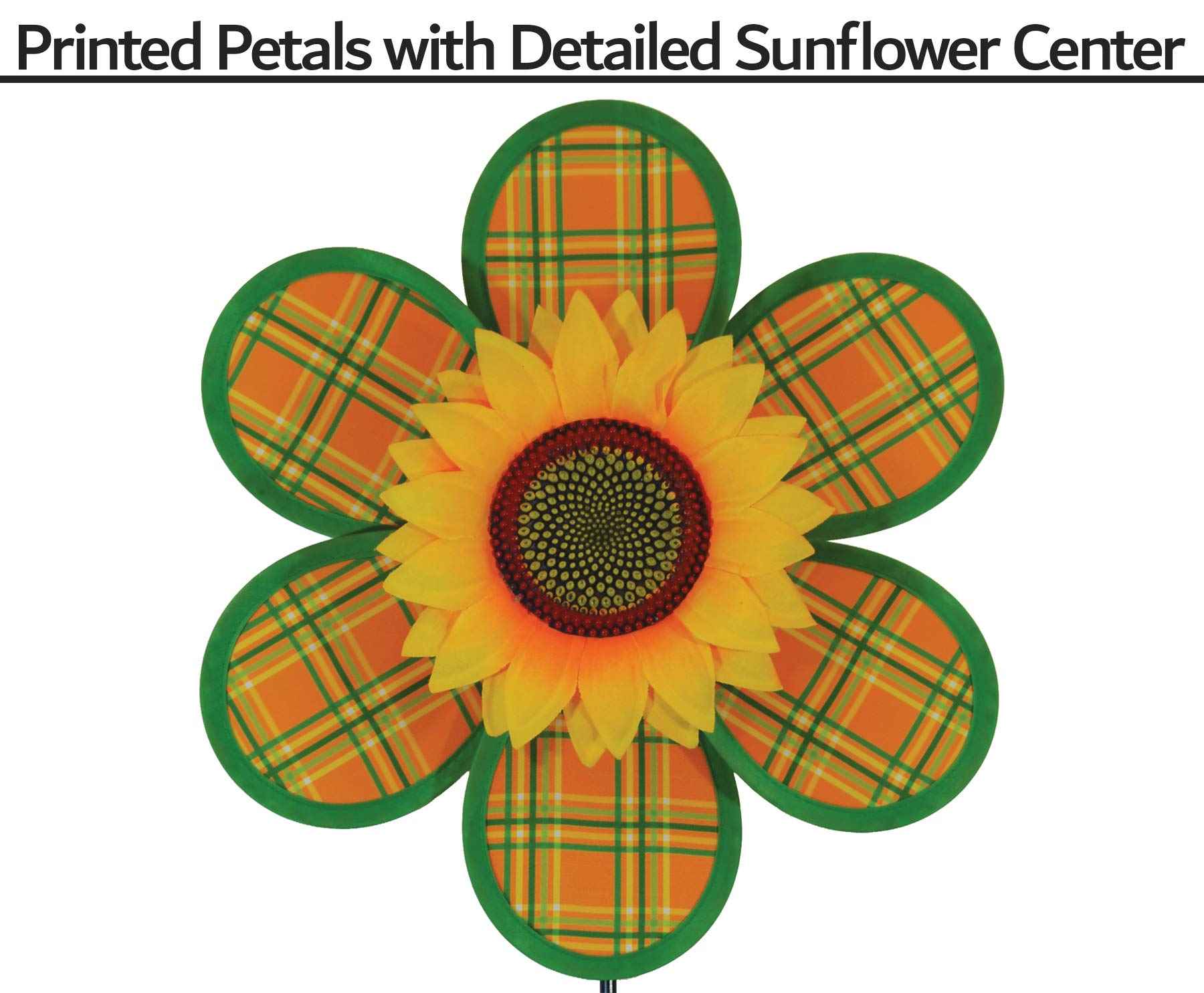In the Breeze 12-Inch Plaid Sunflower Wind Spinner – Weather-Resistant Fabric with Fiberglass Frame for Yard and Garden