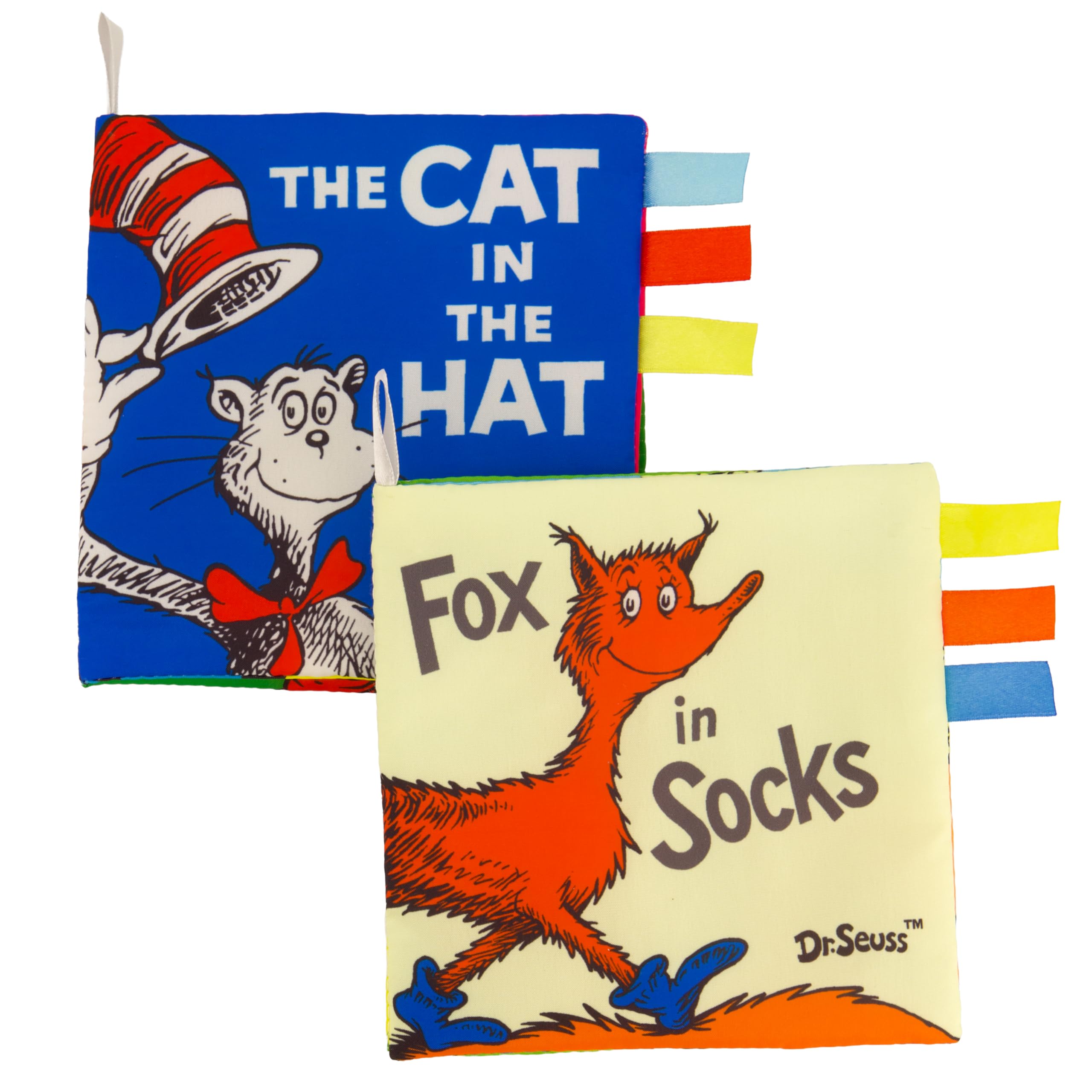 Infantino Dr. Seuss Soft Activity Books 2-Pack: The Cat in the Hat & Fox in Socks, Cloth Baby Books with Satin Tags, Sensory Toys for Newborns and Toddlers, Ages 0+ Months