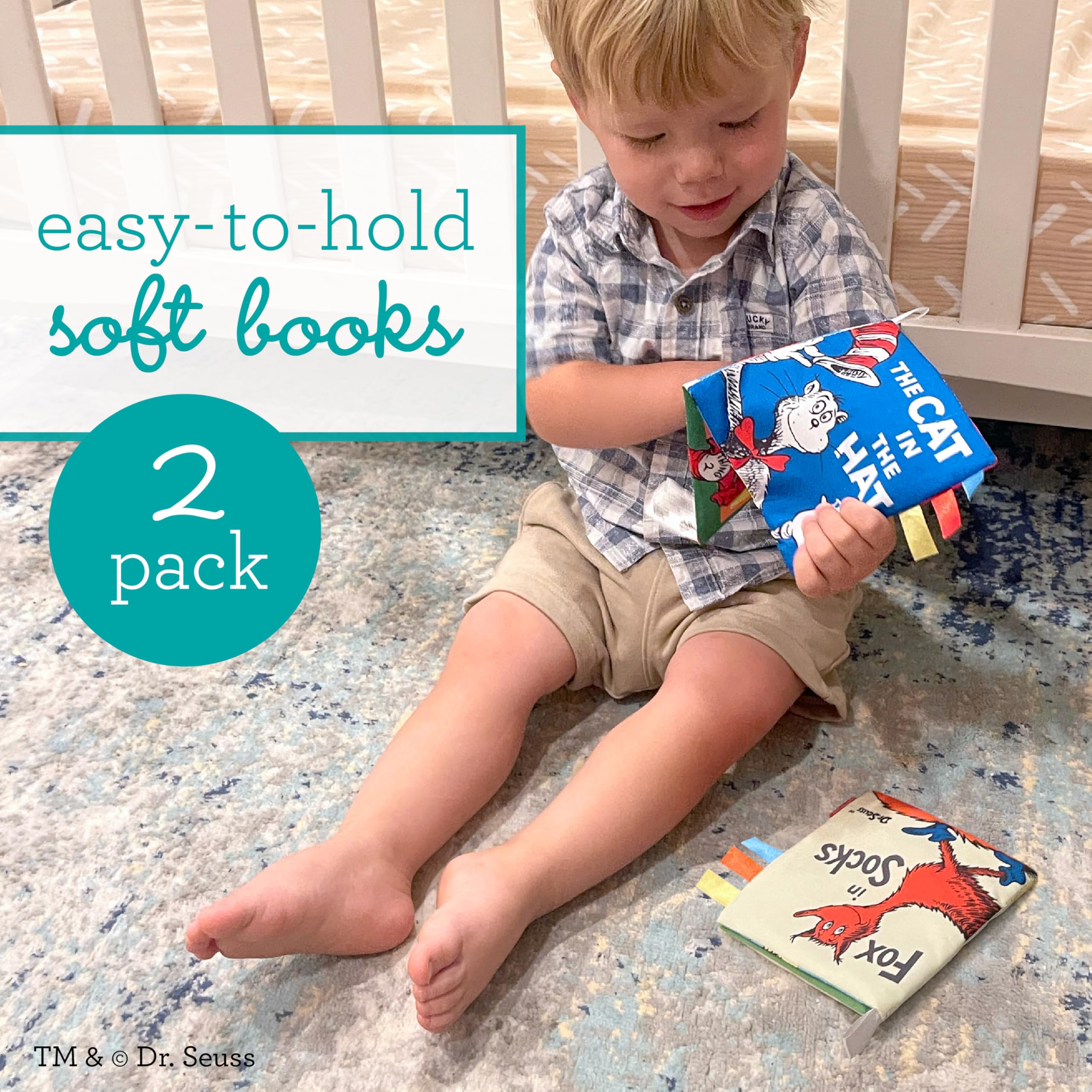 Infantino Dr. Seuss Soft Activity Books 2-Pack: The Cat in the Hat & Fox in Socks, Cloth Baby Books with Satin Tags, Sensory Toys for Newborns and Toddlers, Ages 0+ Months