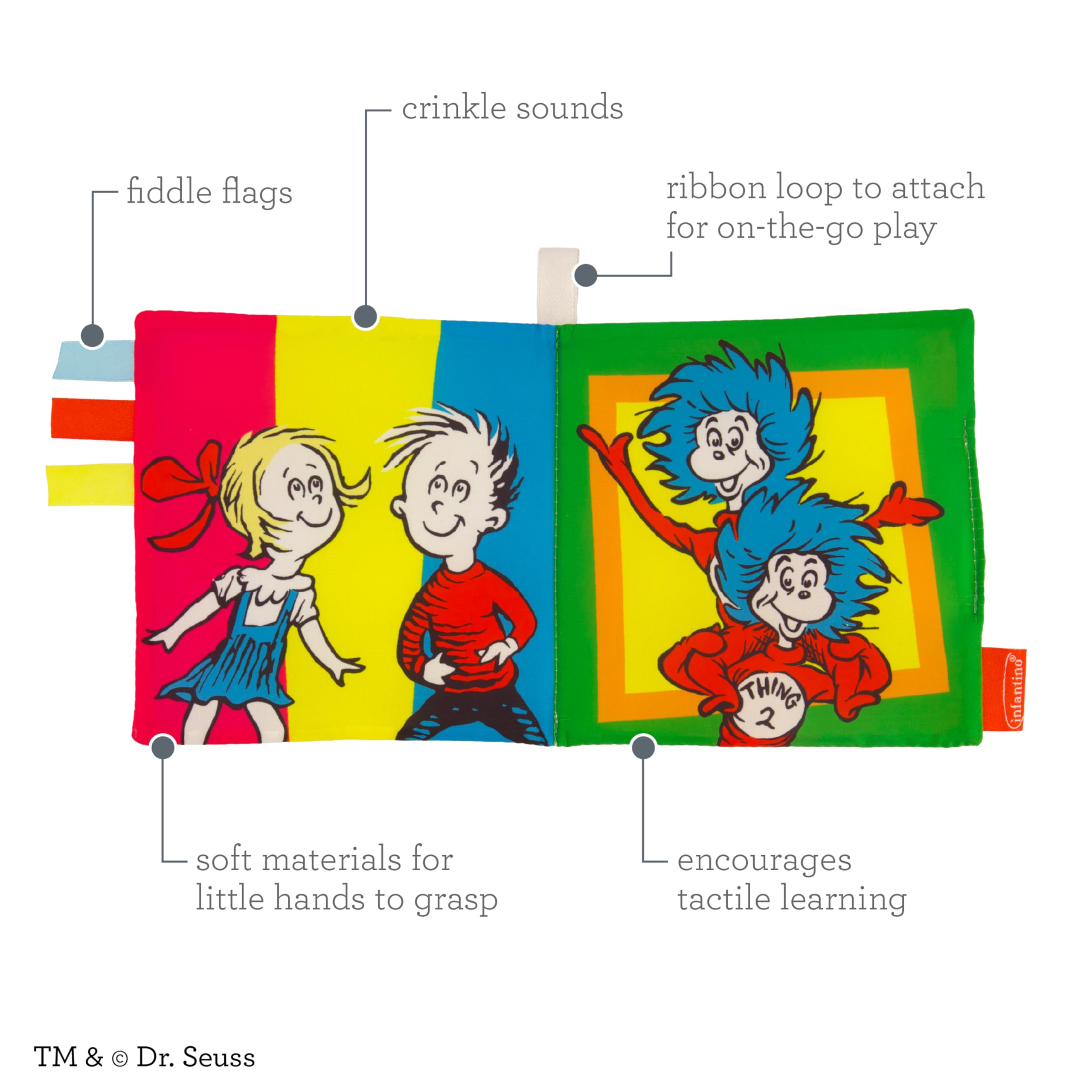 Infantino Dr. Seuss Soft Activity Books 2-Pack: The Cat in the Hat & Fox in Socks, Cloth Baby Books with Satin Tags, Sensory Toys for Newborns and Toddlers, Ages 0+ Months