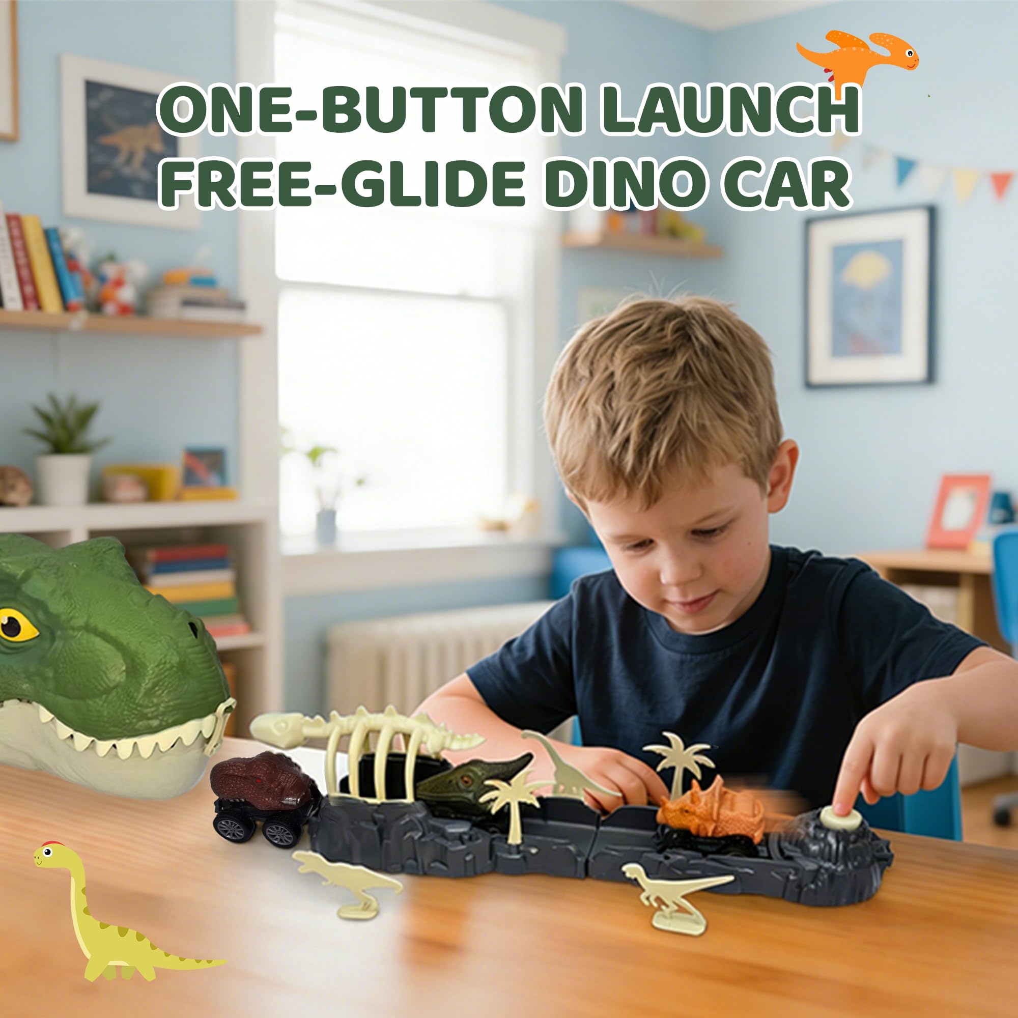 Infistaky 3-in-1 Dinosaur Toy Set: Shoulder Bag, Pull-Along Car & Launch Track for Kids 3+