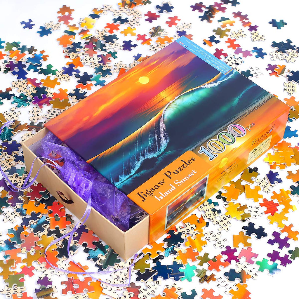 Ingooood 1000 Piece Jigsaw Puzzle - Tranquil Series Island Sunset - Wooden Adult Puzzle with Reference Picture & Letter-Coded Backs