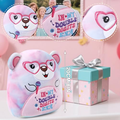 InIsaJace 8-Inch Double Digits Birthday Bear Plush with Glasses and Microphone – Cute Stuffed Animal for 10th Birthday Party Favors