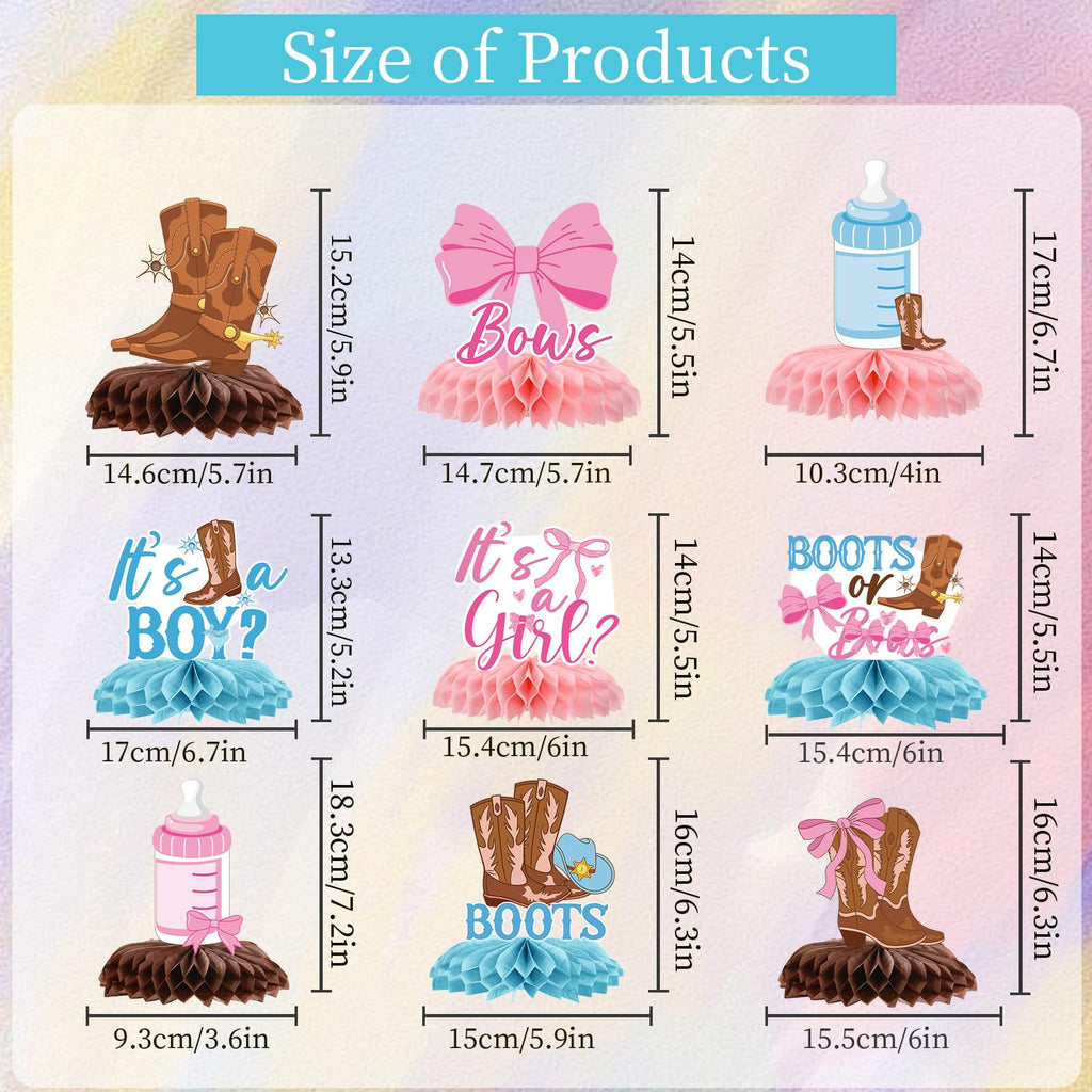 InIsaJace 9-Piece Boots Bows Honeycomb Centerpieces - Western Gender Reveal Decorations