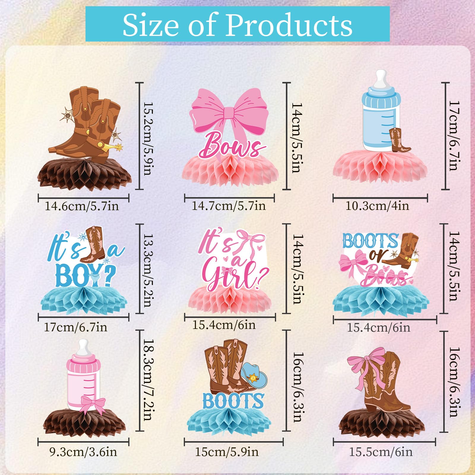 InIsaJace 9-Piece Boots Bows Honeycomb Centerpieces - Western Gender Reveal Decorations
