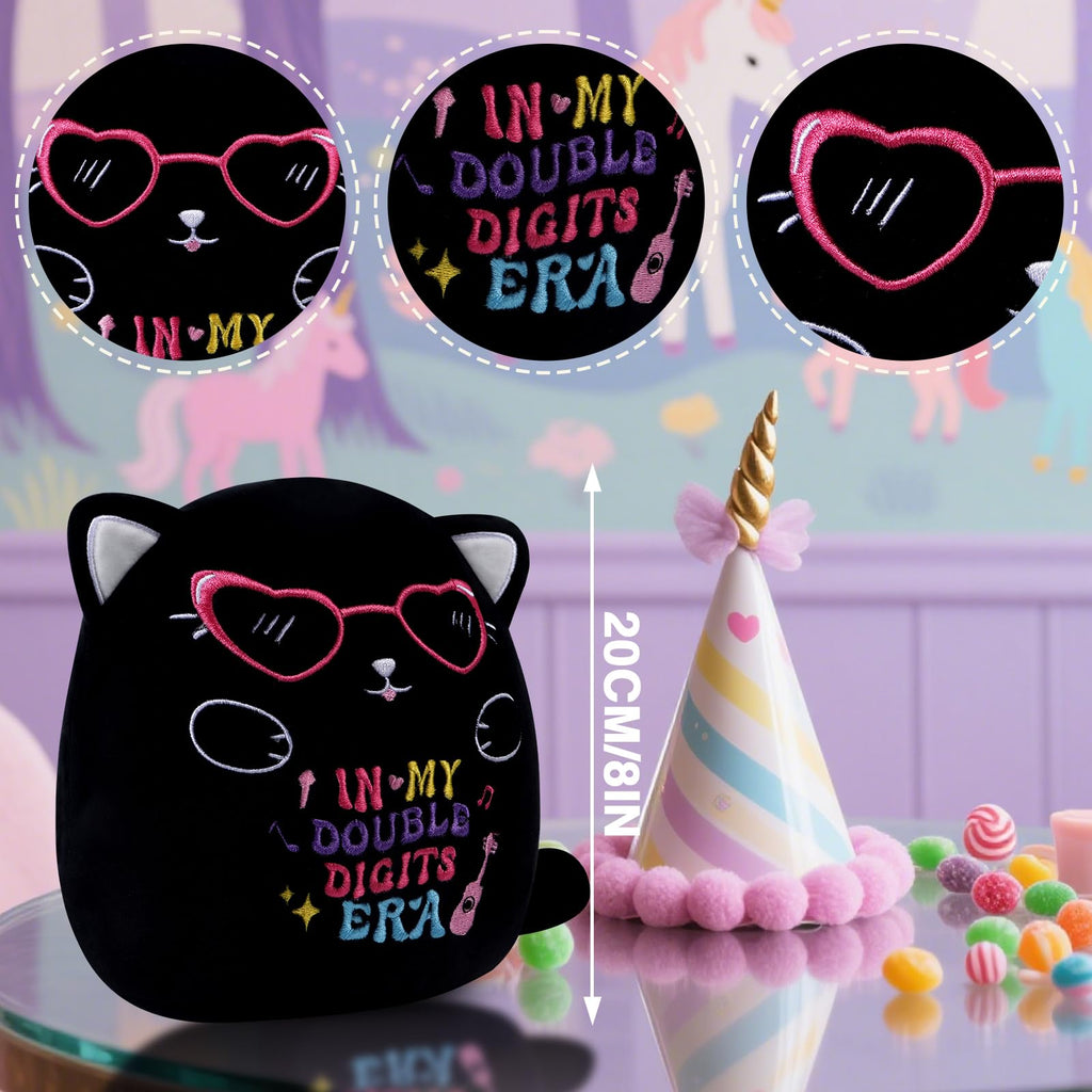 InIsaJace Black Cat 10th Birthday Stuffed Animal – 8 Inch Double Digits Plush with Heart Glasses