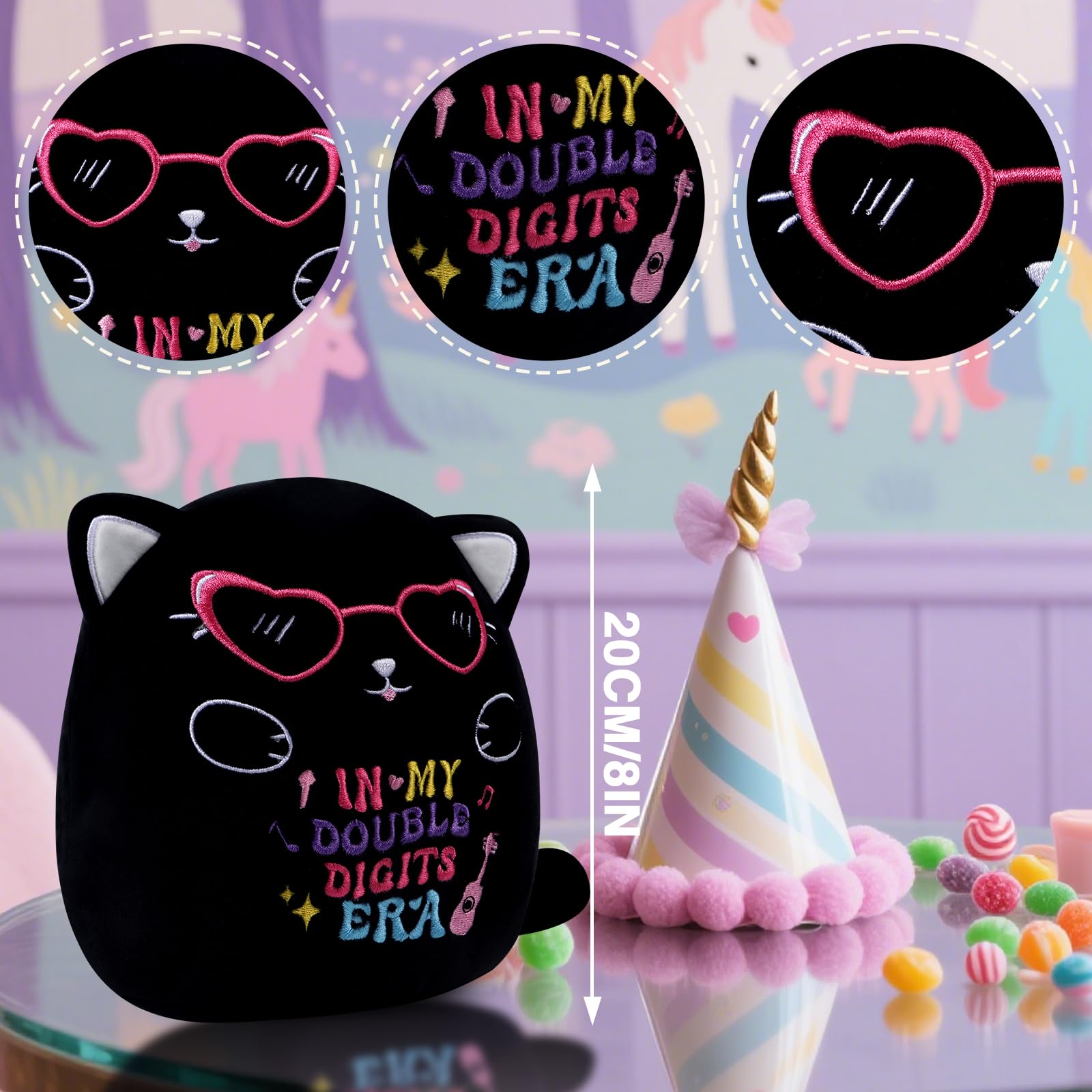 InIsaJace Black Cat 10th Birthday Stuffed Animal – 8 Inch Double Digits Plush with Heart Glasses