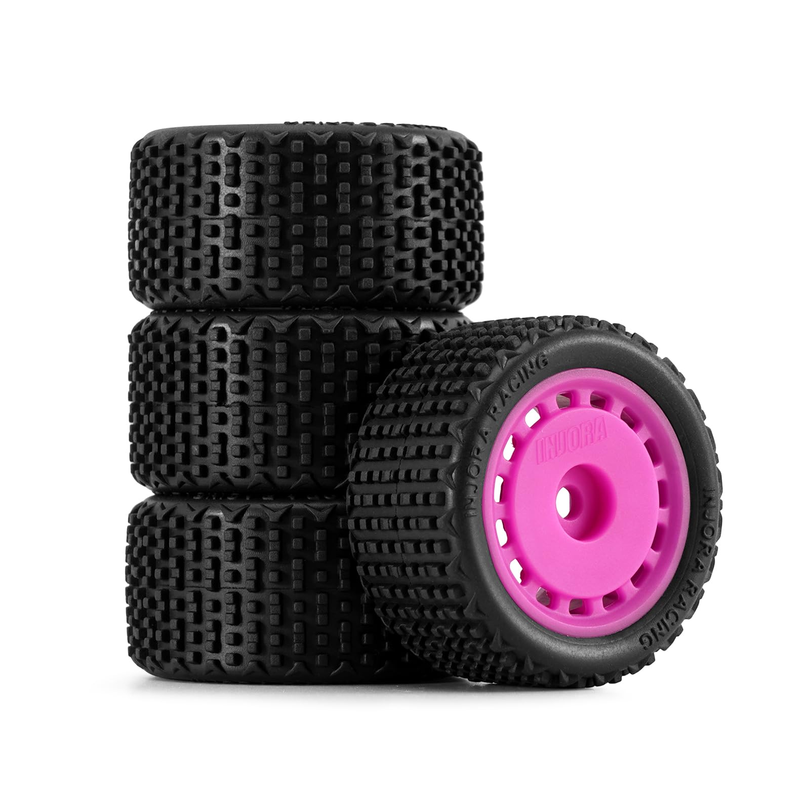 INJORA Pre-Mounted Pin Buggy Tires & Wheels for 1/28 Losi Micro-T (4-Pack, Magenta)
