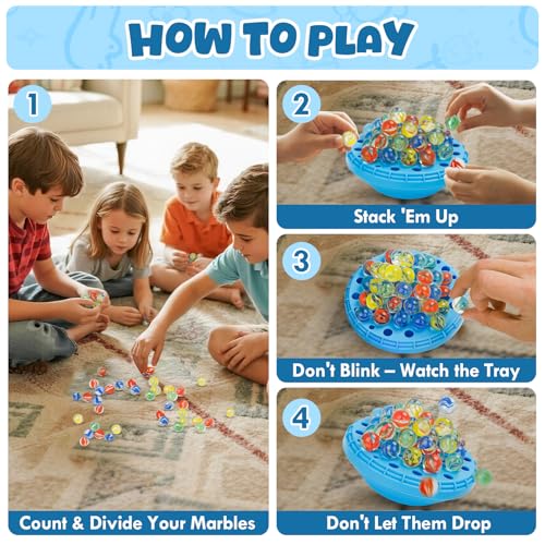 INKZOO Marble Balance Game – Wobble Stacking Game for 1-4 Players with 50 Glass Marbles, Built-In Storage