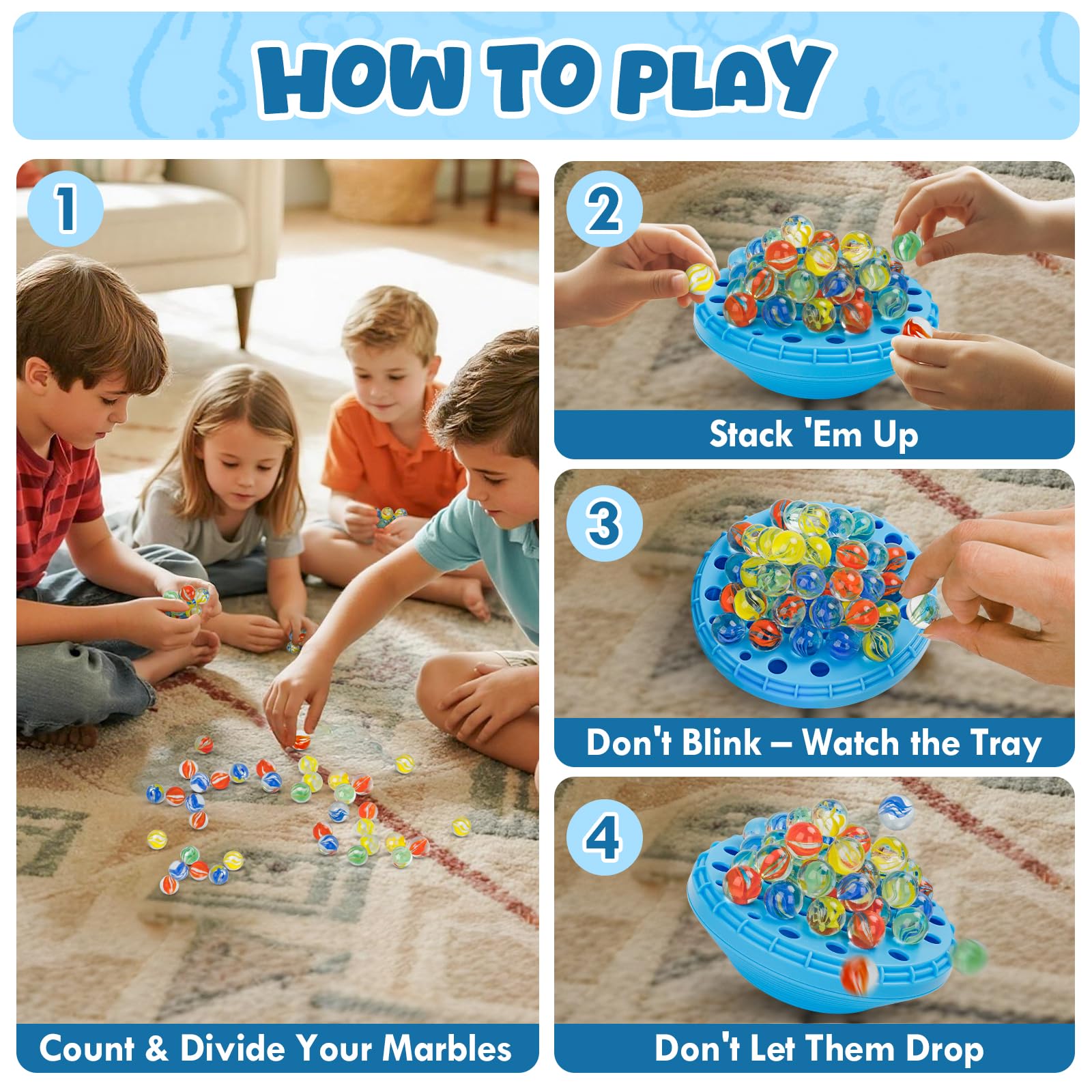 INKZOO Marble Balance Game – Wobble Stacking Game for 1-4 Players with 50 Glass Marbles, Built-In Storage