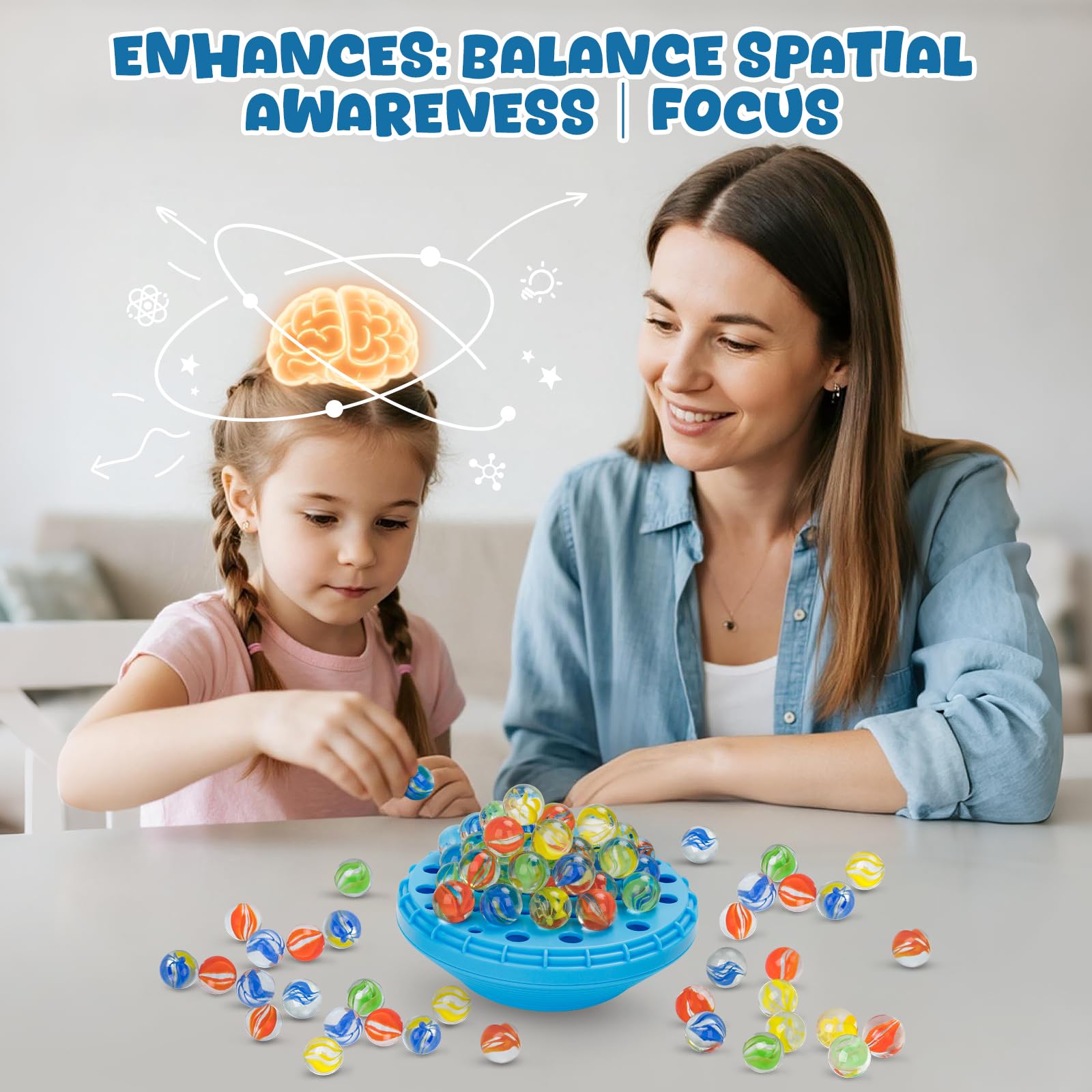 INKZOO Marble Balance Game – Wobble Stacking Game for 1-4 Players with 50 Glass Marbles, Built-In Storage