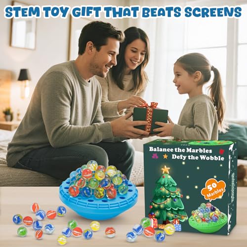 INKZOO Marble Balance Game – Wobble Stacking Game for 1-4 Players with 50 Glass Marbles, Built-In Storage