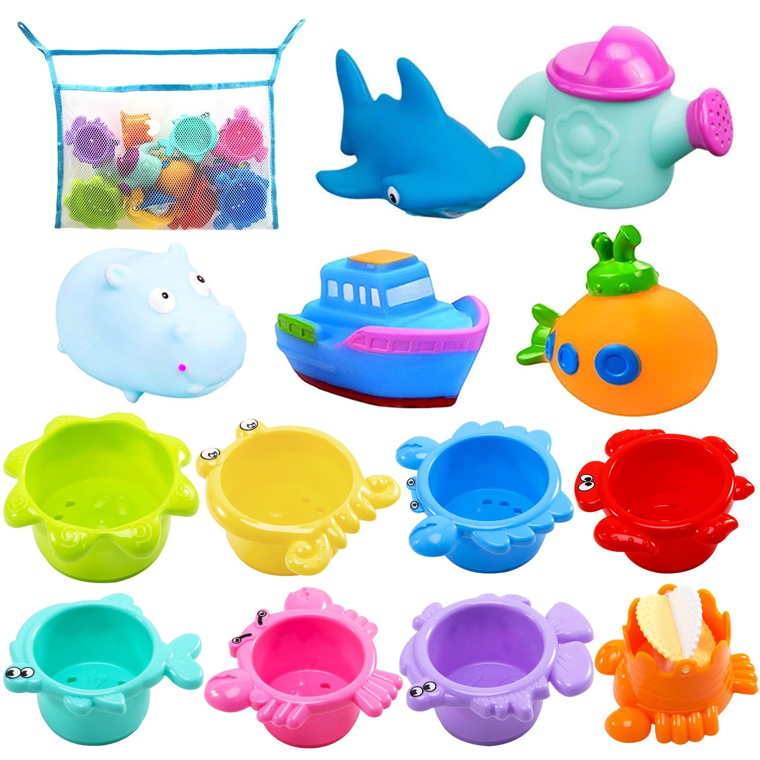 INNOCHEER 13-Piece Baby Bath Toys Set with Stacking Cups, Mesh Storage, and Sea Animal Figures