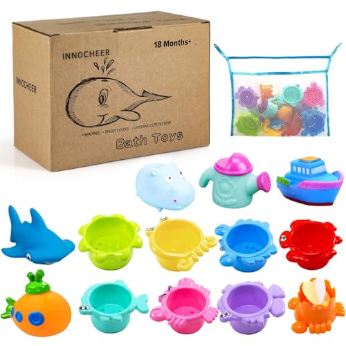 INNOCHEER 13-Piece Baby Bath Toys Set with Stacking Cups, Mesh Storage, and Sea Animal Figures