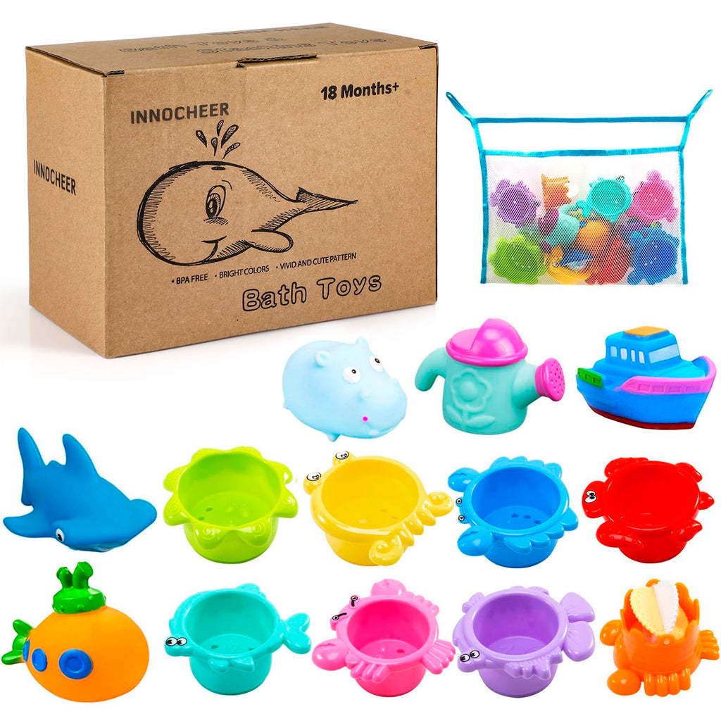INNOCHEER 13-Piece Baby Bath Toys Set with Stacking Cups, Mesh Storage, and Sea Animal Figures