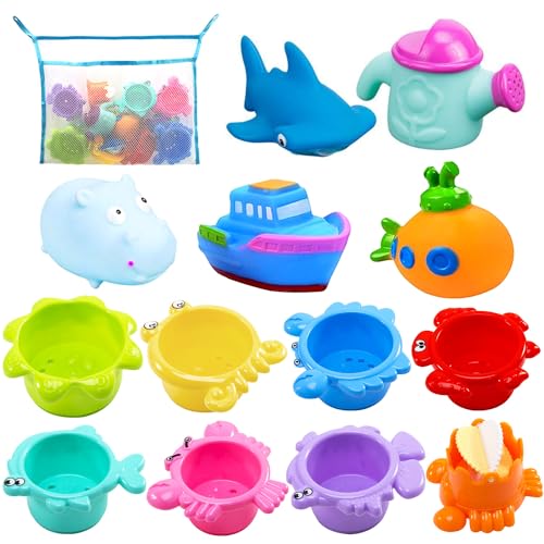 INNOCHEER 13-Piece Baby Bath Toys Set with Stacking Cups, Mesh Storage, and Sea Animal Figures