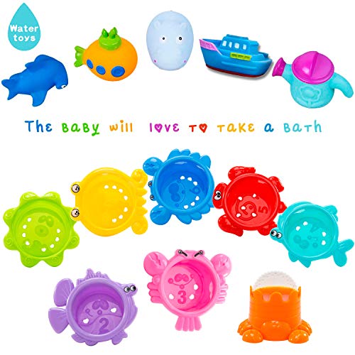 INNOCHEER 13-Piece Baby Bath Toys Set with Stacking Cups, Mesh Storage, and Sea Animal Figures