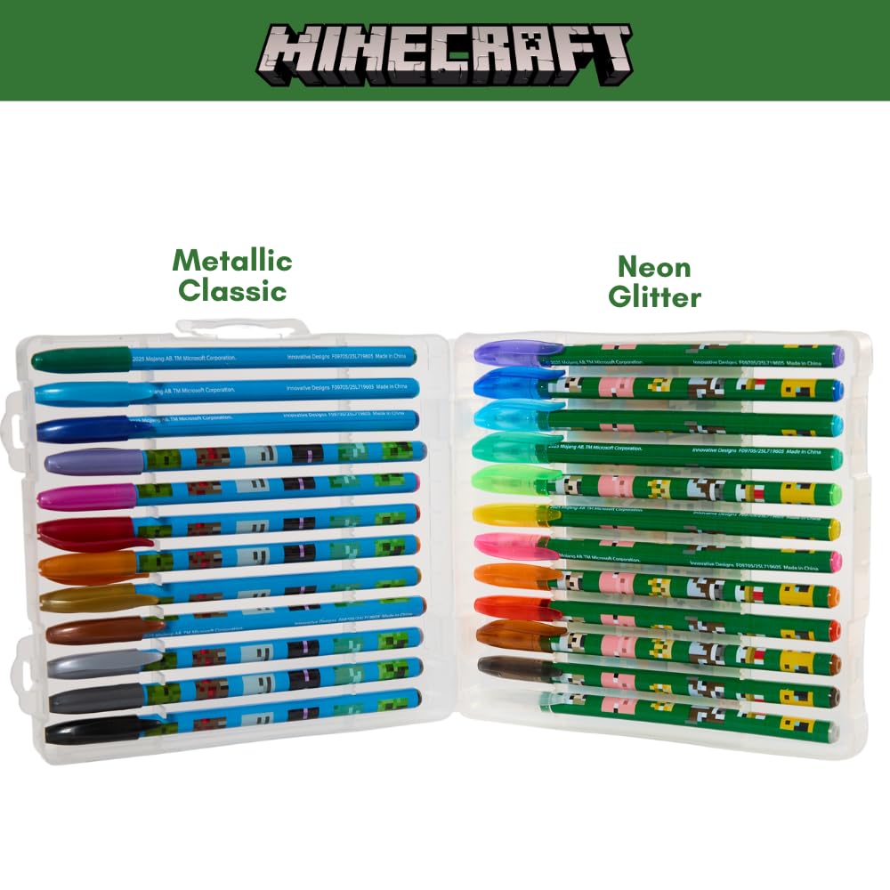 Innovative Designs 24-Pack Minecraft Gel Pens with Glitter – Cute Writing Set for Kids