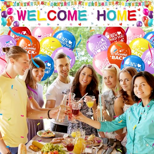 Innovoscape Welcome Home Decor - 118x20 inch Rainbow Banner & 24 Latex Balloons for Military Homecoming, Housewarming