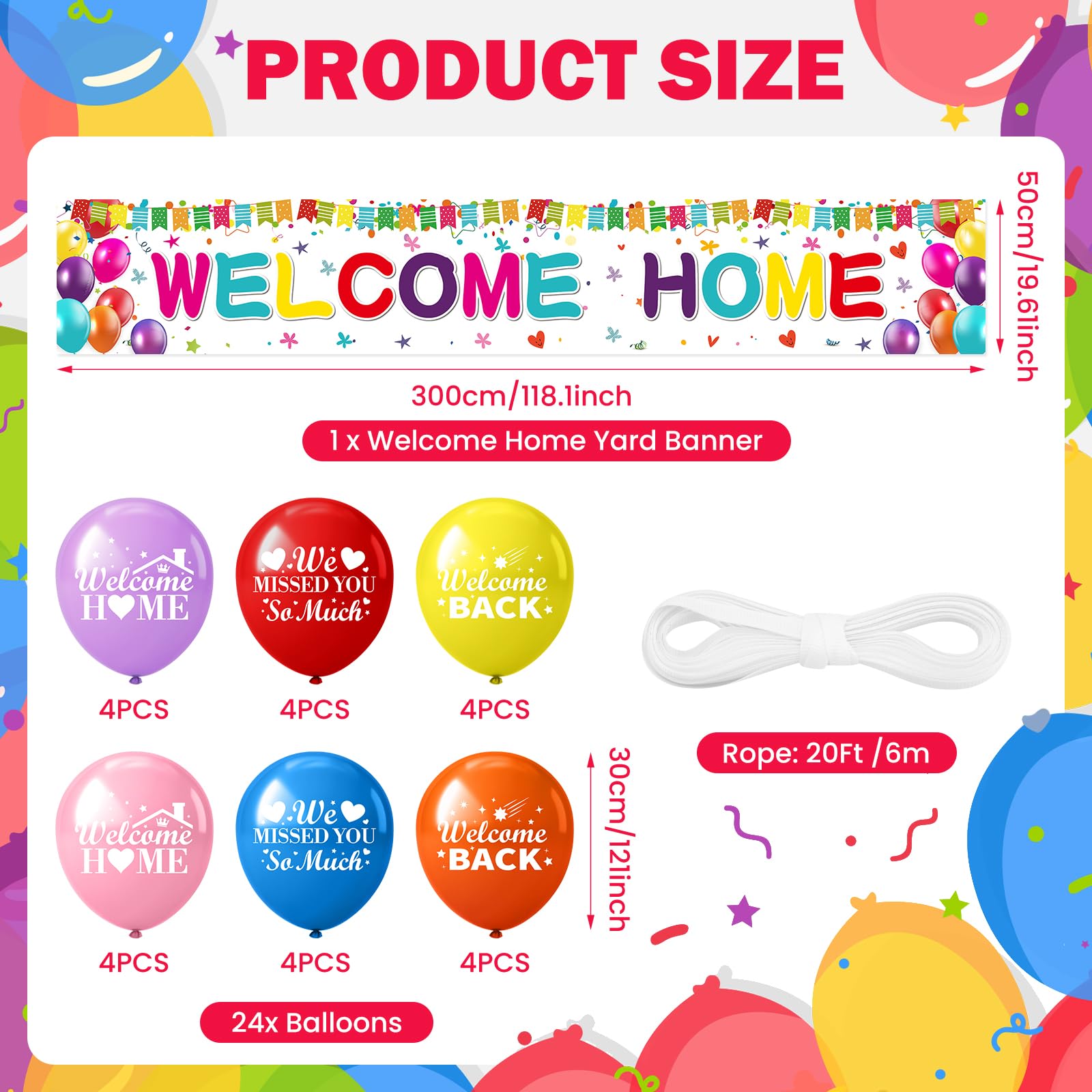 Innovoscape Welcome Home Decor - 118x20 inch Rainbow Banner & 24 Latex Balloons for Military Homecoming, Housewarming