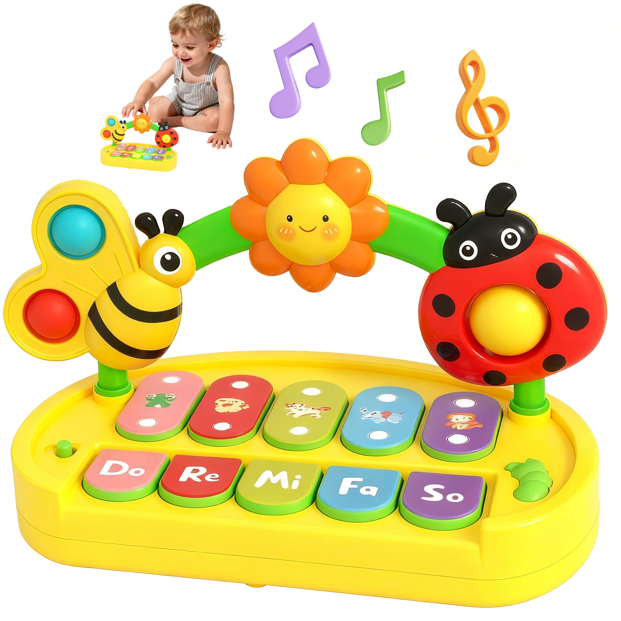 Interactive Baby Piano Toy with Light-Up Keys and Detachable Insect Activity Center - 4-in-1 Musical Learning Toy for Toddlers 1-3 Years