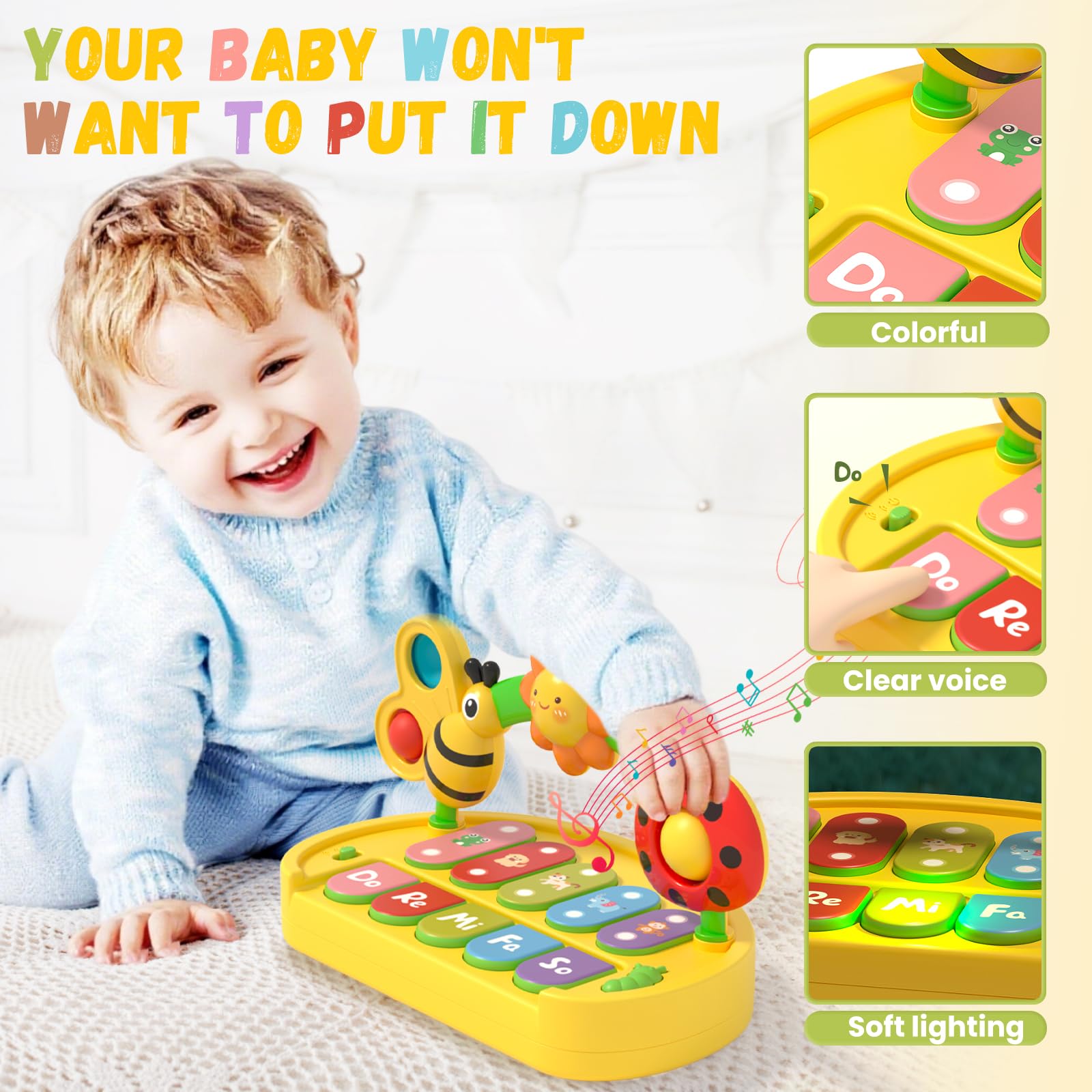 Interactive Baby Piano Toy with Light-Up Keys and Detachable Insect Activity Center - 4-in-1 Musical Learning Toy for Toddlers 1-3 Years