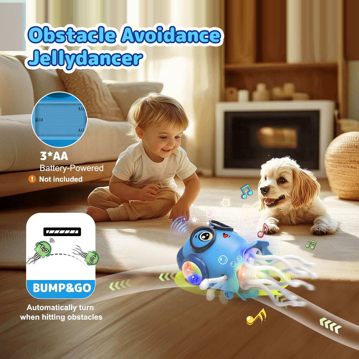 Interactive Dancing Jellyfish Toy with Lights & Music – Bump & Go Crawling Toy for Toddlers Ages 3-12