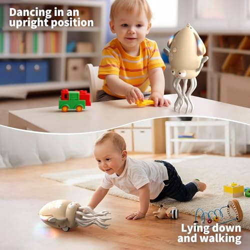Interactive Dancing Octopus Toy – LED Lights, Music, Smart Obstacle Avoidance, USB Rechargeable, for Babies 6-12 Months (Off-White)