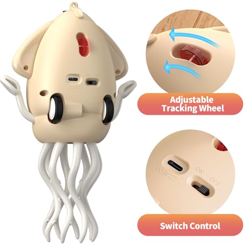 Interactive Dancing Octopus Toy – LED Lights, Music, Smart Obstacle Avoidance, USB Rechargeable, for Babies 6-12 Months (Off-White)