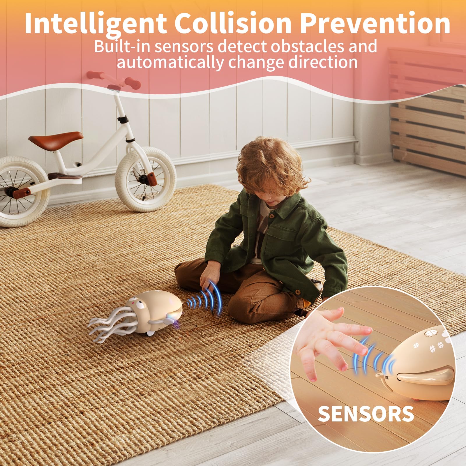 Interactive Dancing Octopus Toy – LED Lights, Music, Smart Obstacle Avoidance, USB Rechargeable, for Babies 6-12 Months (Off-White)
