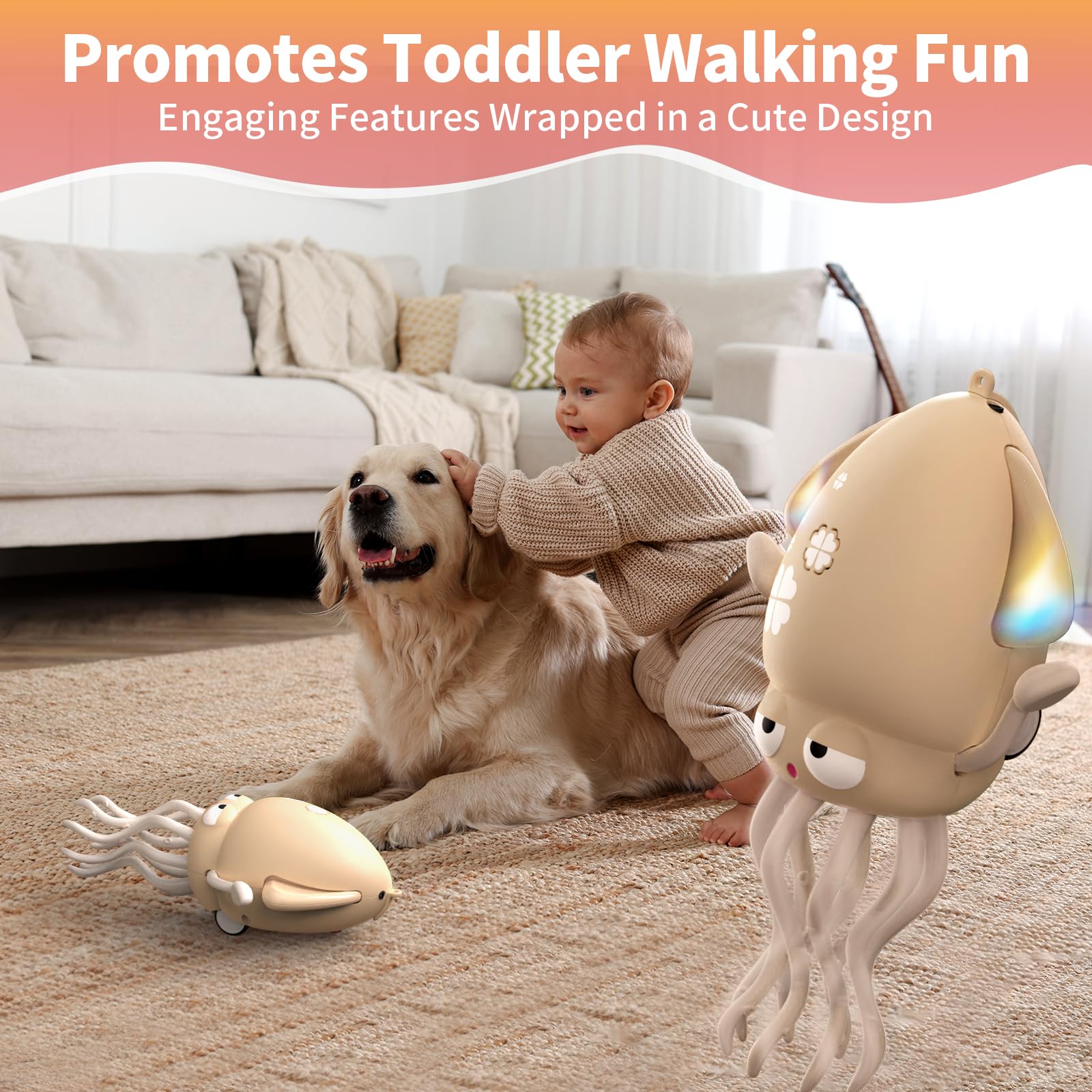 Interactive Dancing Octopus Toy – LED Lights, Music, Smart Obstacle Avoidance, USB Rechargeable, for Babies 6-12 Months (Off-White)