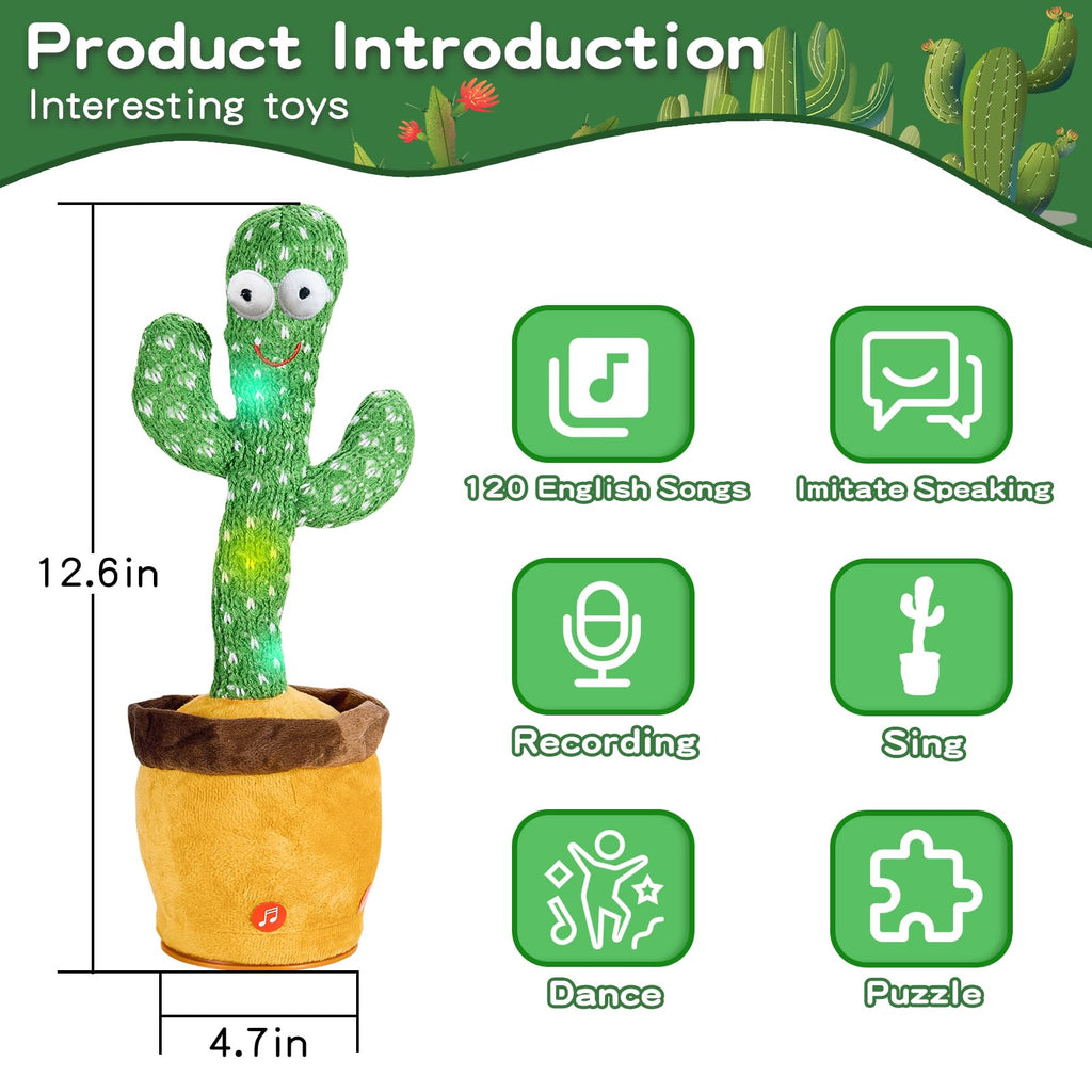 Interactive Talking Cactus Toy with 120 Songs, Recording & LED Lights - Plush Dancing Toy for Toddlers, Boys, Girls
