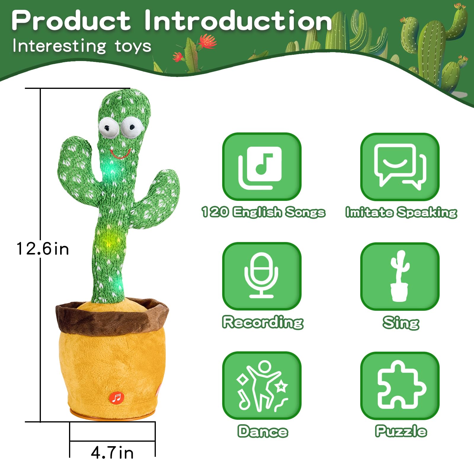Interactive Talking Cactus Toy with 120 Songs, Recording & LED Lights - Plush Dancing Toy for Toddlers, Boys, Girls