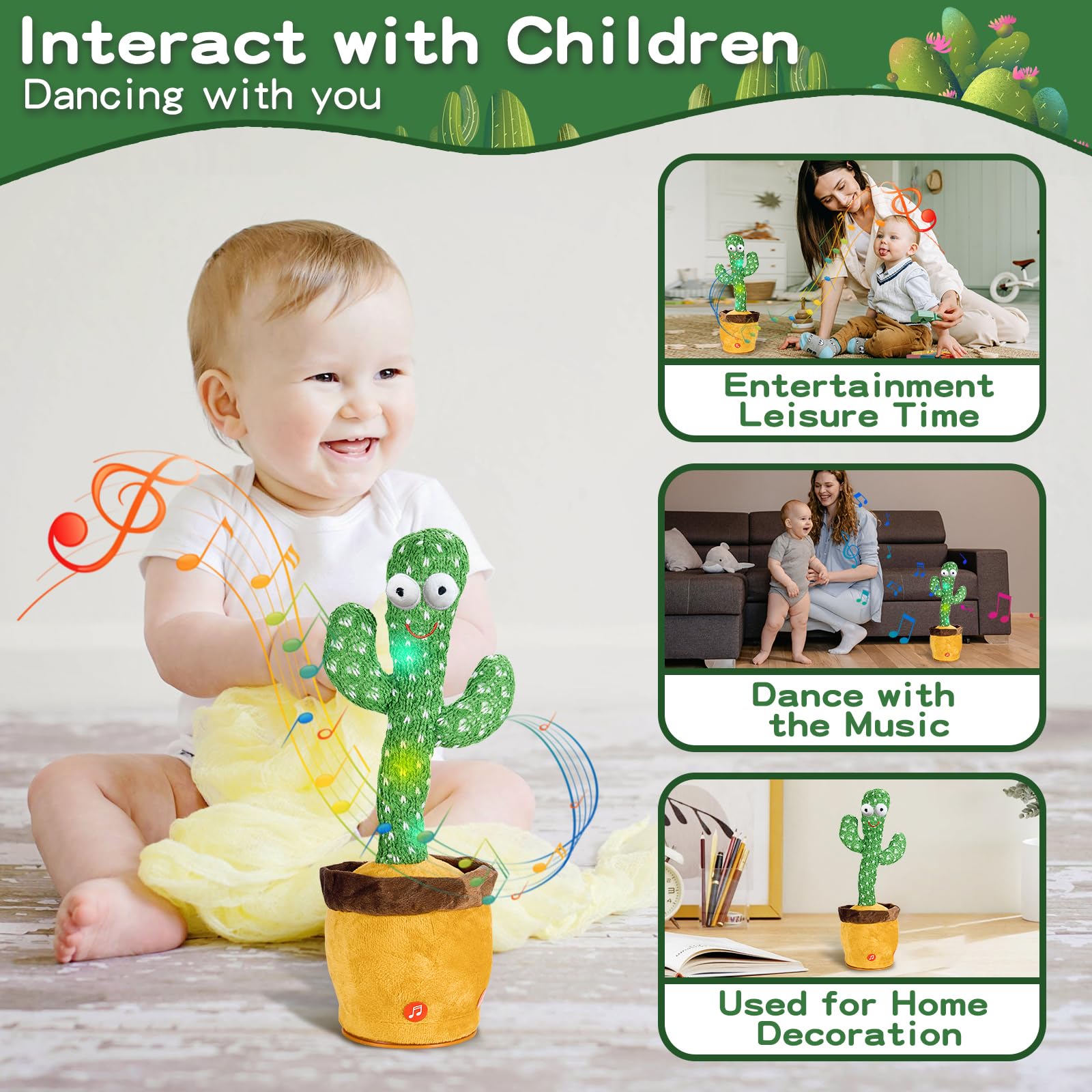 Interactive Talking Cactus Toy with 120 Songs, Recording & LED Lights - Plush Dancing Toy for Toddlers, Boys, Girls