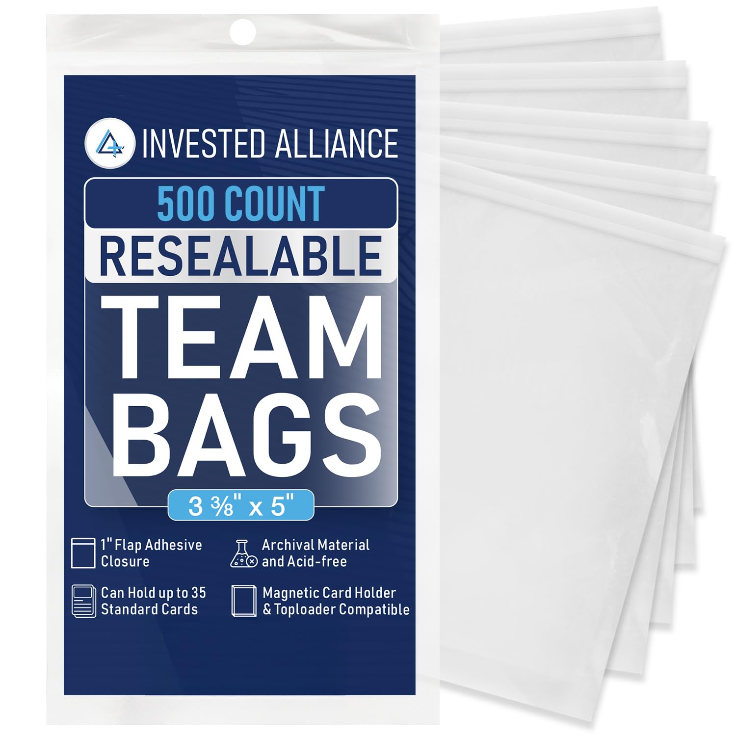 Invested Alliance 500-Pack Resealable Team Bags for Trading Cards – 3 3/8" x 5" Clear Polypropylene Sleeves for Toploaders, Magnetic Holders, and Sports Card Protection