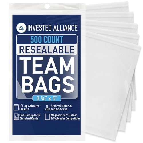 Invested Alliance 500-Pack Resealable Team Bags for Trading Cards – 3 3/8" x 5" Clear Polypropylene Sleeves for Toploaders, Magnetic Holders, and Sports Card Protection