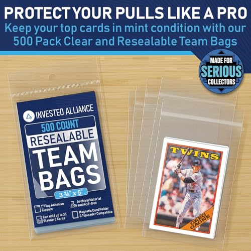 Invested Alliance 500-Pack Resealable Team Bags for Trading Cards – 3 3/8" x 5" Clear Polypropylene Sleeves for Toploaders, Magnetic Holders, and Sports Card Protection