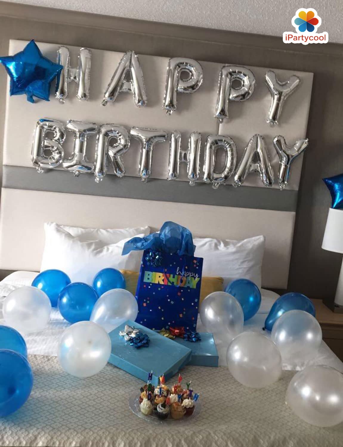 iPartycool 50-Piece Happy Birthday Balloon Set with Silver Letters and Star Balloons