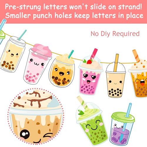 iPartyFun Bubble Tea Birthday Banners Set of 3 – Gold Glitter Happy Birthday Banner with Boba Tea Cutouts for Party Decorations