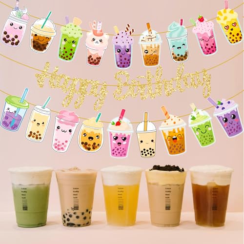 iPartyFun Bubble Tea Birthday Banners Set of 3 – Gold Glitter Happy Birthday Banner with Boba Tea Cutouts for Party Decorations