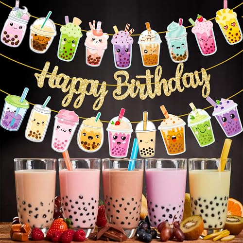 iPartyFun Bubble Tea Birthday Banners Set of 3 – Gold Glitter Happy Birthday Banner with Boba Tea Cutouts for Party Decorations