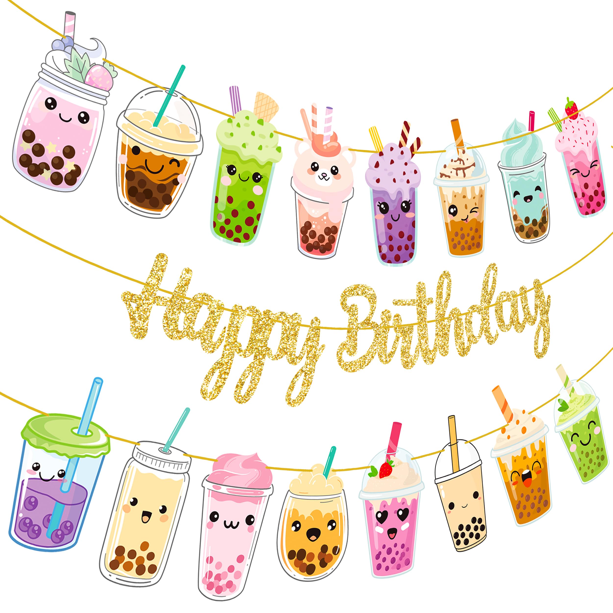 iPartyFun Bubble Tea Birthday Banners Set of 3 – Gold Glitter Happy Birthday Banner with Boba Tea Cutouts for Party Decorations