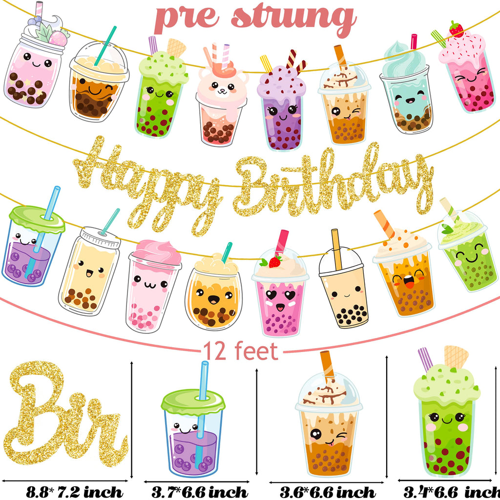 iPartyFun Bubble Tea Birthday Banners Set of 3 – Gold Glitter Happy Birthday Banner with Boba Tea Cutouts for Party Decorations