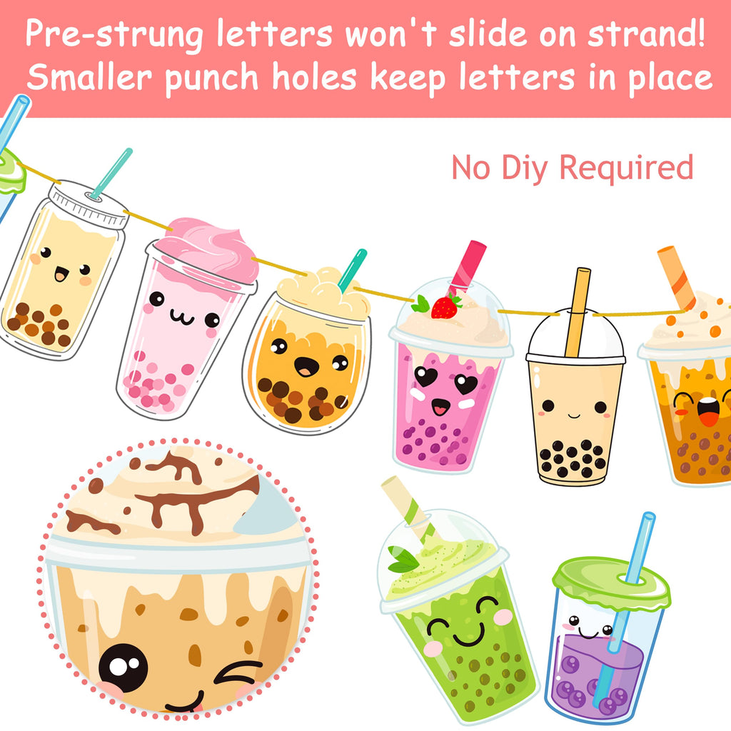 iPartyFun Bubble Tea Birthday Banners Set of 3 – Gold Glitter Happy Birthday Banner with Boba Tea Cutouts for Party Decorations
