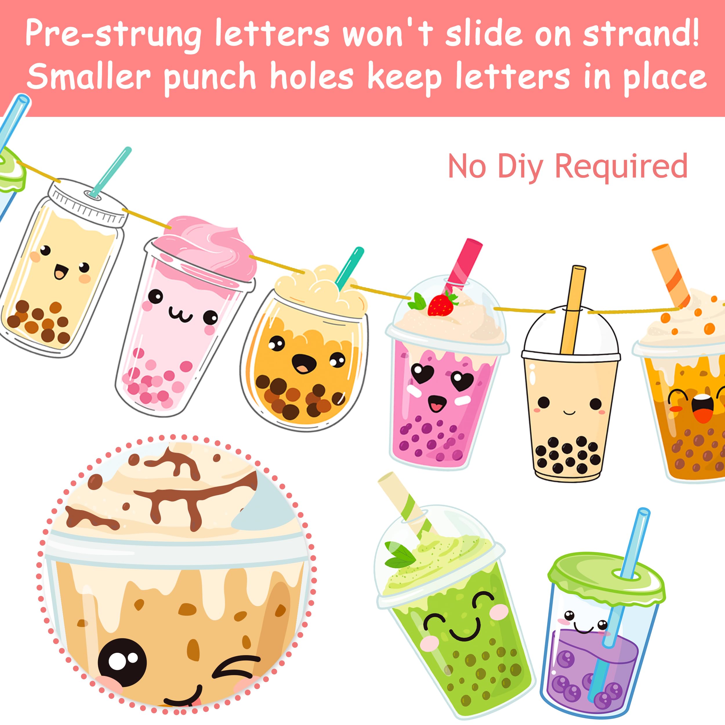 iPartyFun Bubble Tea Birthday Banners Set of 3 – Gold Glitter Happy Birthday Banner with Boba Tea Cutouts for Party Decorations