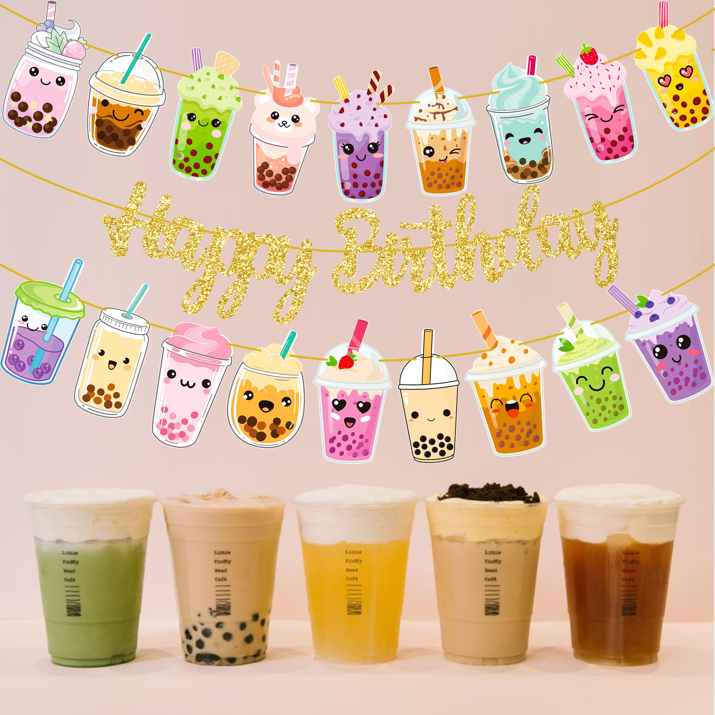 iPartyFun Bubble Tea Birthday Banners Set of 3 – Gold Glitter Happy Birthday Banner with Boba Tea Cutouts for Party Decorations