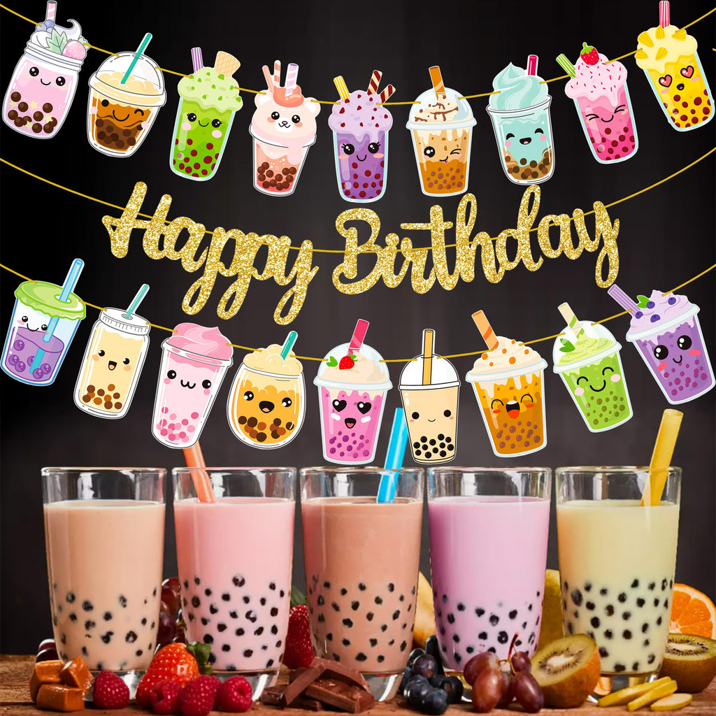 iPartyFun Bubble Tea Birthday Banners Set of 3 – Gold Glitter Happy Birthday Banner with Boba Tea Cutouts for Party Decorations