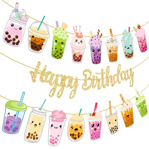iPartyFun Bubble Tea Birthday Banners Set of 3 – Gold Glitter Happy Birthday Banner with Boba Tea Cutouts for Party Decorations