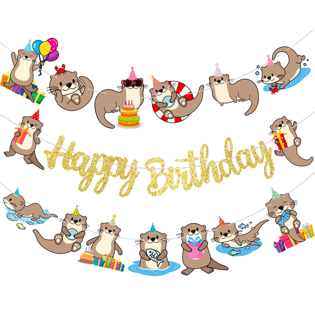 iPartyFun Gold Otter Birthday Banner Set – 3-Piece Ocean Theme Party Decorations with Glittery Happy Birthday Sign and Otter Cutouts for Kids