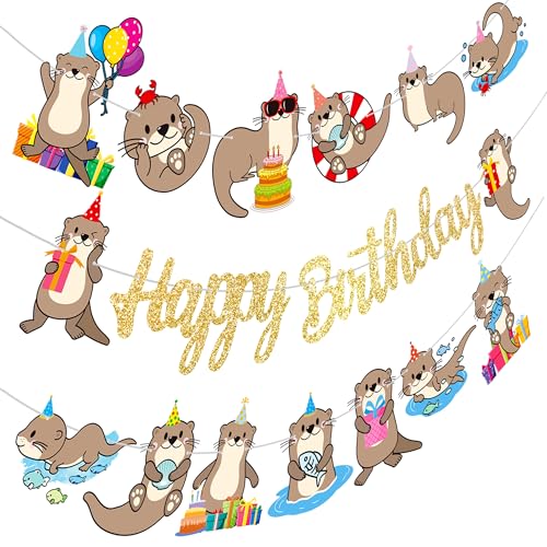 iPartyFun Gold Otter Birthday Banner Set – 3-Piece Ocean Theme Party Decorations with Glittery Happy Birthday Sign and Otter Cutouts for Kids